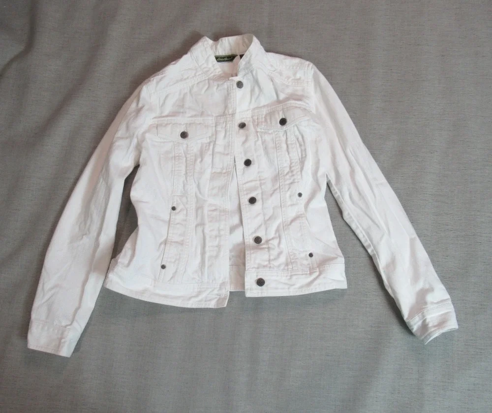Eddie Bauer Denim Jacket Womens Small White Jean Button Up Summer Preppy Modern